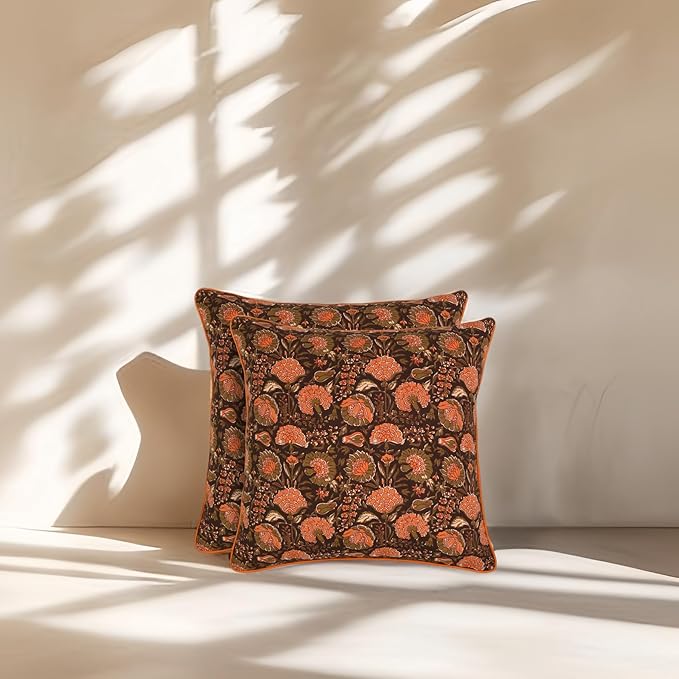 Ridhi Burgundy Grandmillennial Decorative Throw Pillow Cover 20×20 – Cotton Cushion Cover for Couch, Living Room – Zippered, Floral Preppy Design