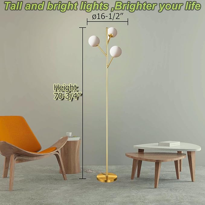 Globe Mid Century Tree Floor Lamp with 3 Light Bulbs,70in Tall Standing Glod Floor Lamp with Frosted Glass Shade for Living Room,Office,Bedroom, Study Room, Hotel, Antique Brass Lighting