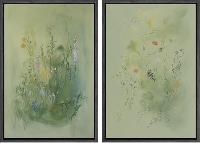 SIGNFORD Framed Canvas Print Wall Art Set Whimsical Green Wildflower Illustration Modern Art Decorative Nordic Nature for Living Room, Bedroom, Office - 24"x36"x2 Black
