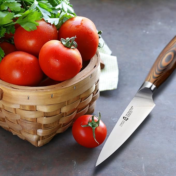 TUO Paring Knife, 4 inch Small Kitchen Knife for Fruit Peeling, High Carbon German Stainless Steel, Ergonomic Pakkawood Handle - Fiery Phoenix Series