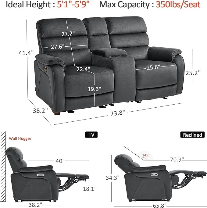 MCombo Zero Wall Recliner Loveseat with Console, Power Recliner Loveseat with Adjustable Headrest, USB A & C Charge Ports, Cup Holders, for Living Room, RVs, Small Spaces (Fabric, ST258M2, Dark Grey)