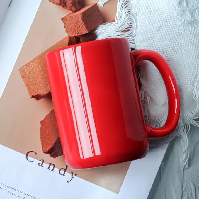 Smilatte 16 OZ Porcelain Coffee Mugs, Classic Blank Ceramic Cup with Large Handle for Tea Latte Cappuccino, Set of 4, Red