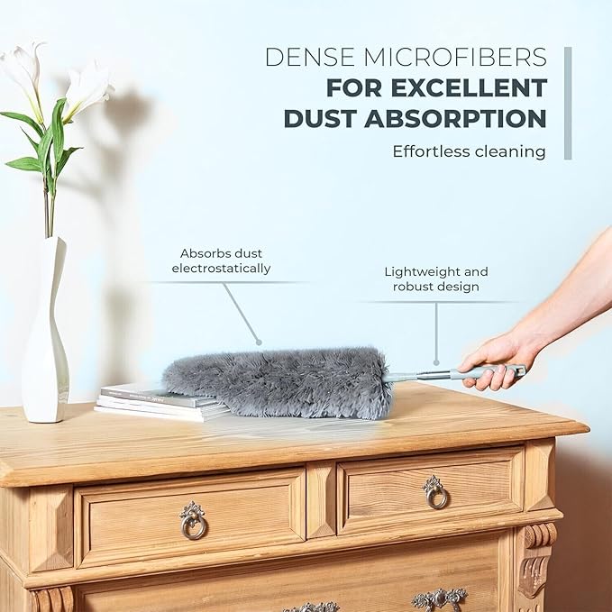 Extendable Feather Duster, Microfiber Duster, Ceiling Fan Duster, Feather Dusters for Cleaning, Dust Cleaner, Cobweb Duster - Electrostatic Bendable Head - up to 100 Inch