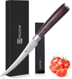 PAUDIN Tomato Knife, 5 inch Serrated Tomato Knives with Sheath, High Carbon Stainless Steel Tomato Slicer Knife for Smooth Cutting Slicing Vegetables and Fruits
