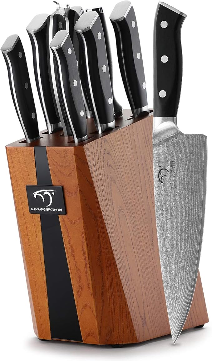 NANFANG BROTHERS Knife Sets for Kitchen with Block, Damasucs Kitchen Knife Sets 9 Pieces with Ergonomic Triple Rivet Handle, Kitchen Knives for Chopping, Slicing, Dicing & Cutting