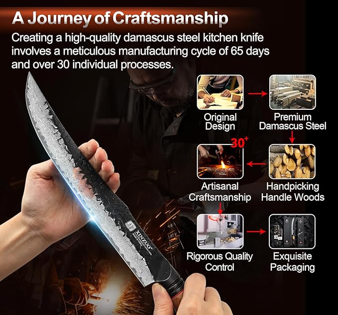 XINZUO 10 Inch Brisket Carving Knife，67-Layer Damascus Steel，Razor Sharp Curved Butcher Breaking Knives For Meat Cutting With White Oak + Red G10 Gasket Handle