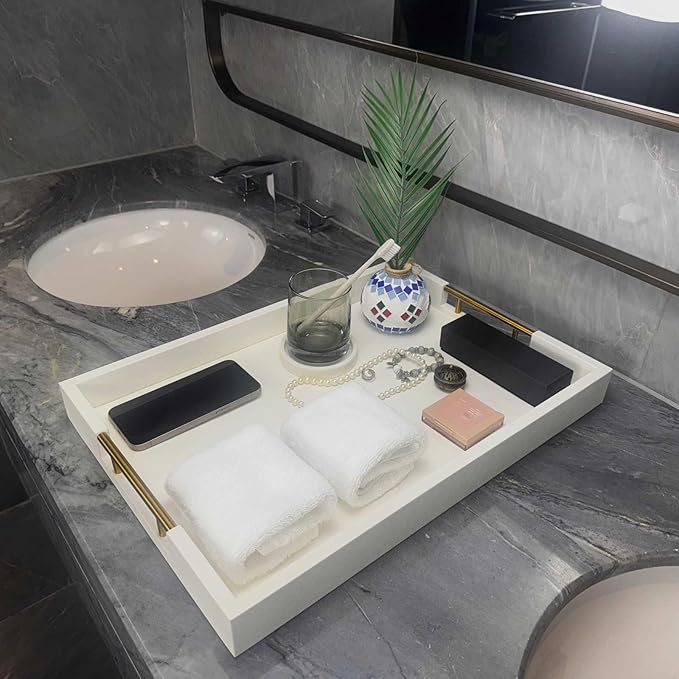 14x20 Inches White Faux Leather Wrapped Wood Serving Tray with Metal Handles for Various Occasions, Ottoman, Home Decor Decorative, Living Room, Coffee Table Organizer, Serving Breakfast On Bed