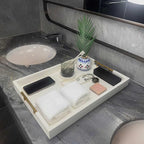 14x20 Inches White Faux Leather Wrapped Wood Serving Tray with Metal Handles for Various Occasions, Ottoman, Home Decor Decorative, Living Room, Coffee Table Organizer, Serving Breakfast On Bed