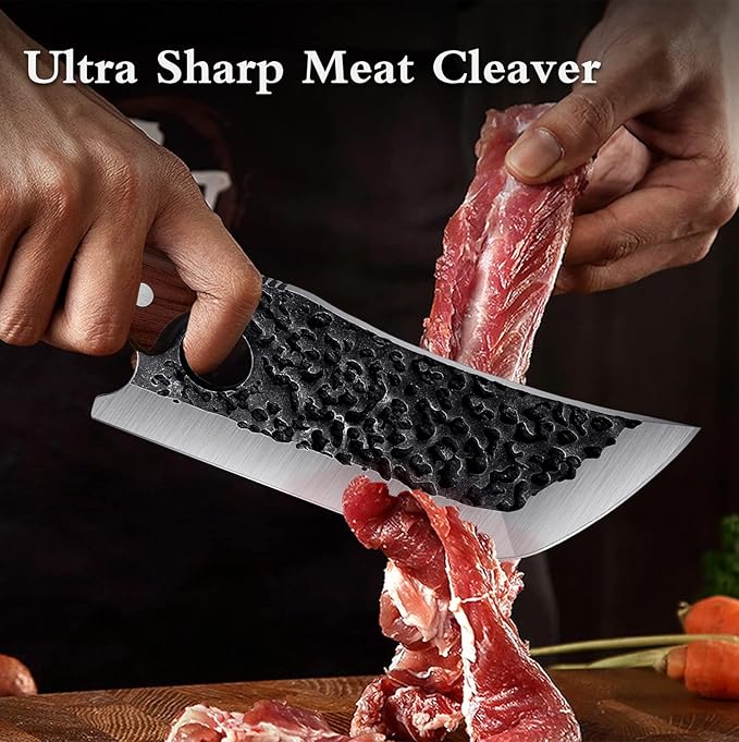 TOMBRO Meat Cleaver - 6.7" Heavy Duty Butcher Knife, High Carbon Steel Chef Knife,Full Tang Bone Chopper Meat Knife with Sheath for Outdoor Camping, BBQ, Kitchen