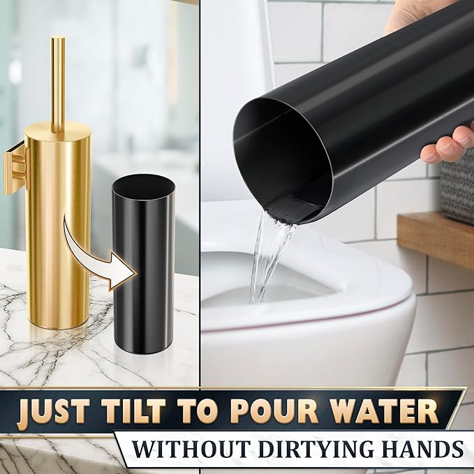 Gold Toilet Brush and Holder Set with Wall Mount - Modern Wall Mounted Toilet Brush Made from Corrosion-Resistant Stainless Steel - Removable Inner Bowl, Splash Protection & Dense Bristles Supplied