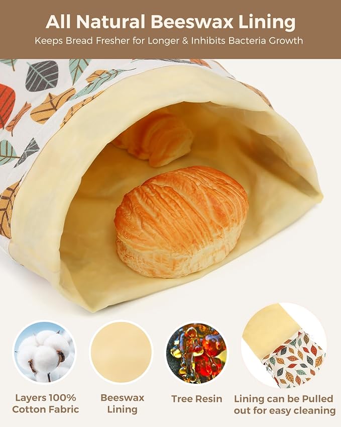 Beeswax Bread Bags for Homemade Bread,Reusable Beeswax Bags for Sourdough, 2 Pack Cotton Linen Food Storage Bag to Keep Fresh - Easy to Clean Organic Beeswax Bag Extra Large 17x12 in