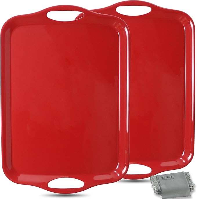 17.5 x 12’’ Large Melamine Serving Tray with Handles, Set of 2 Rectangular Melamine Serving Platters, Dishwasher Safe Trays for Eating, Appetizer, Charcuterie, Snack, Fruits, Desserts, Red