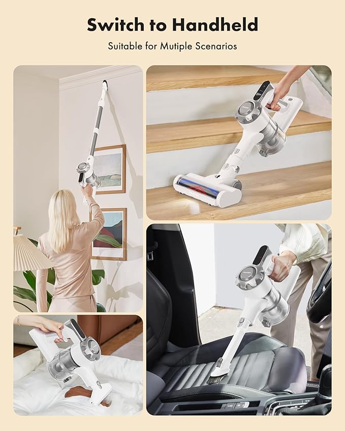 Cordless Vacuum Cleaner, 8-in-1 Lightweight Stick Vacuum with 45mins Runtime, Powerful Suction, Rechargeable Cordless Vacuum for Carpet, Tile, Pet Hair, Hardwood Floors, White