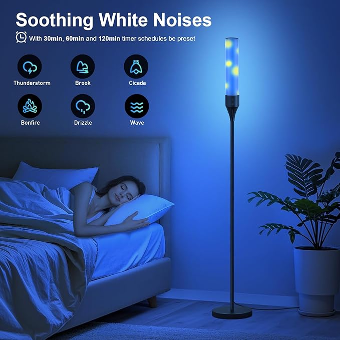 LED Floor Lamp for Living Room, Smart Floor Lamp with Bluetooth Speaker and White Noises, 1600LM Bright Modern Standing Lamp with Music Sync, Remote Control, RGB Corner Lamp for Bedroom, Office