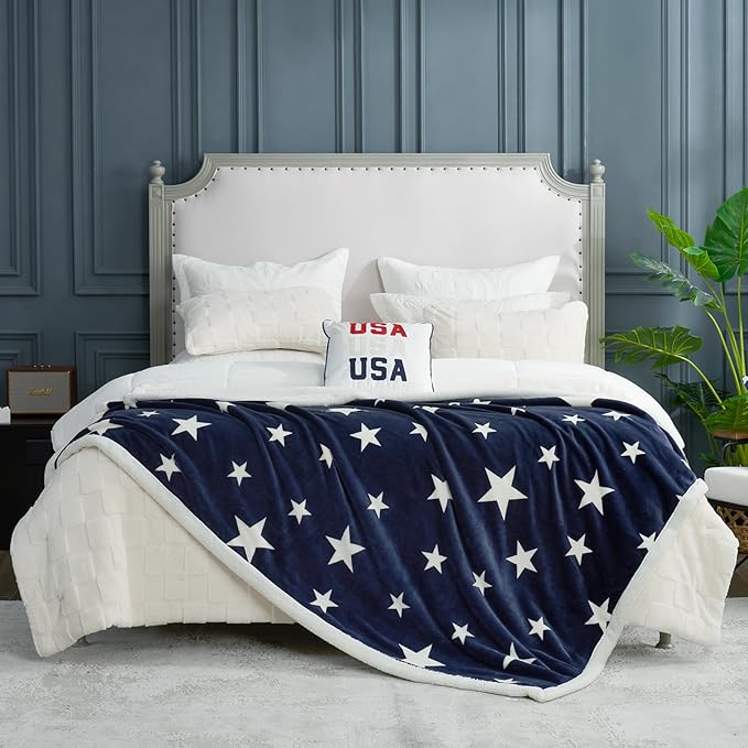 Cozy Bliss Luxury Sherpa Throw Blanket for Couch, Premium Reversible Thick Throw with Star Design, Warm Cozy Soft Blanket for Home and Gifts (Navy Blue, 60" x 80")