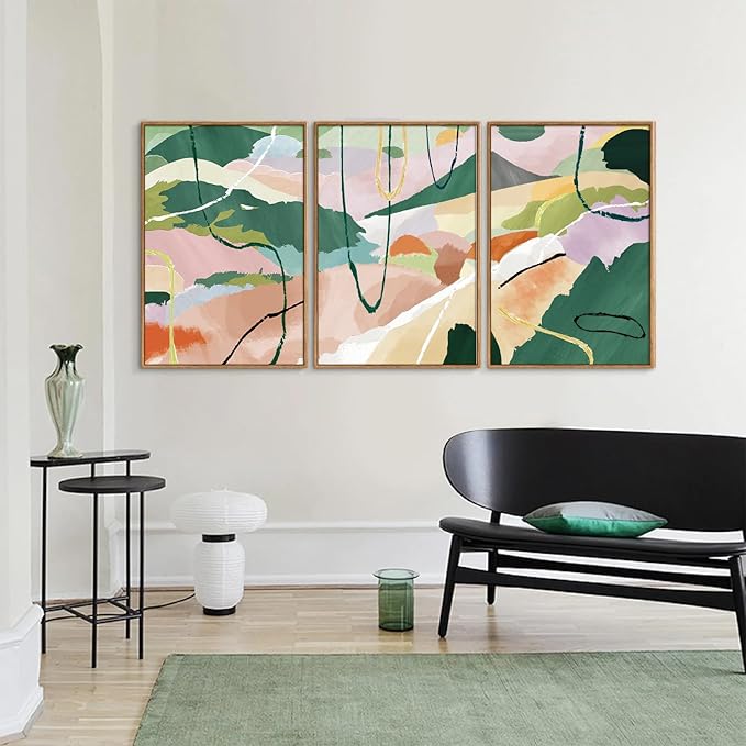 Tinonedraw Colorful Abstract Framed Canvas Wall Art Set, 3 Panel Green Pink Girly Oils Inks Artwork, Three Pieces Neutral Modern Minimalist Wall Decor for Living Room Bedroom Office 24"x36"x3