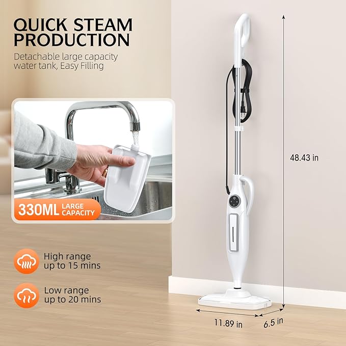 Powerful Handheld Steam Mop With 11 Accessories, 23FT Power Cord, 266℉Deep Cleaning, 2 Steam Modes & Multi-Purpose Steamer For Sealed Hard Floor, Laminate, Marble, Stone Floors