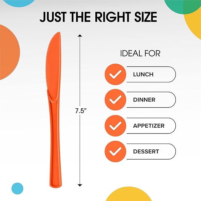 Party Solids Orange Plastic Knives 200 Pcs Orange Knives Disposable Utensils Heavy Duty Plastic Cutlery Set Disposable Cutlery Sets Flatware Sets Silverware Set Party Supplies & Party Tableware