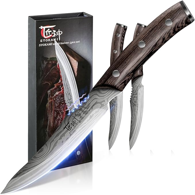 Steak Knives Set of 2, 4.8 Inch High-Carbon Japanese Style Non-serrated Meat Knife with Wood Handle, Damascus Pattern Full Tang Design, Razor-Sharp Dinner Knives with Gift Box