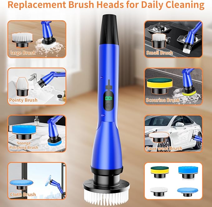 11 in 1 Electric Spin Scrubber Cordless Cleaning Brush 3 Adjustable Angles 2 Adjustable Speeds LED Display Shower Cleaner Brush Supplies Extension Long Handle for Bathroom Floor Tile Toilet Waterproof