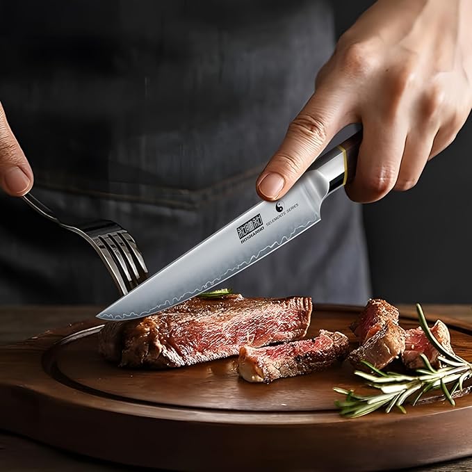 HOSHANHO Steak Knives Set of 6, Ultra Sharp 4.5 Inch Professional Non Serrated Steak Knife Set for Precise Cutting, Japanese High Carbon Steel Steak Knife with Ergonomic Handle
