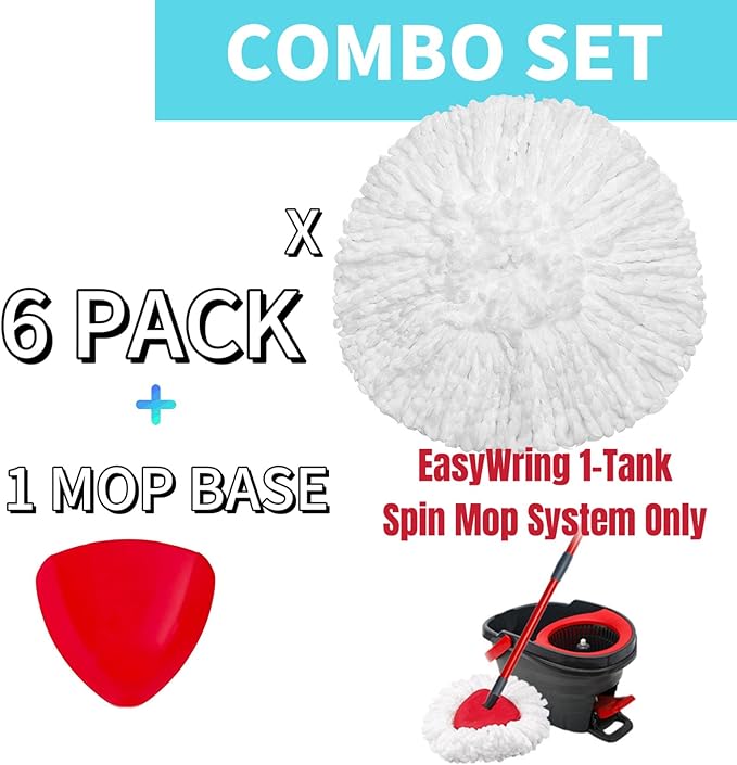 6 Pack Spin Mop Replacement Heads Compatible for Oceda EasyWring 1 Tank Bucket System, Reusable and Microfiber Mop Refills for Hardwood Floor Cleaning, with Base