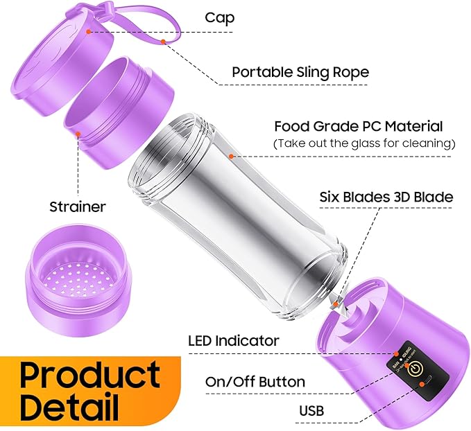 Portable Blender Make Shakes and Smoothies - USB Rechargeable Personal Size Mini Blender Freshly Squeezed, 380Ml BPA Free Travel Cup in Picnic/Office/Gym