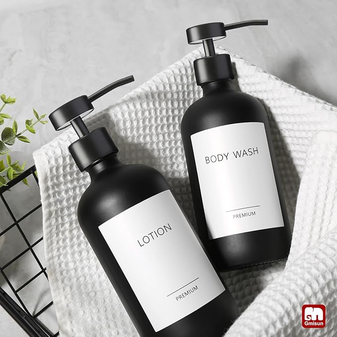 GMISUN Black Soap Dispenser, 2 Pack Matte Black Hand Soap Dispensers for Bathroom, 17 Fl Oz Glass Dish Soap Dispenser for Kitchen with Stainless Steel Pump, Modern Liquid Soap Bottle Set