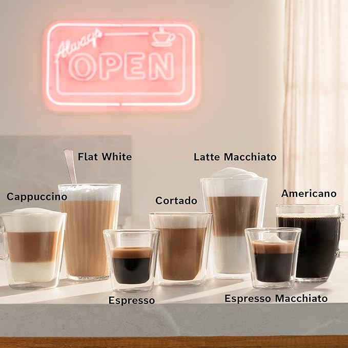 BOSCH 800 Series Fully Automatic Espresso and Coffee Machine – 36 Drinks with Coffee World, Cold Brew, Double Cup, Milk Hose, Glass Milk Container, in Metallic Silver TPU60501