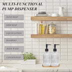 Glass Hand and Dish Soap Dispenser Set of 2 with Plastic Pumps, Bamboo Tray, 13.5oz Clear Bathroom Soap Dispenser with Vertical Stripe for Hand Wash & Dish Wash, Ideal for Bathroom Kitchen Countertop