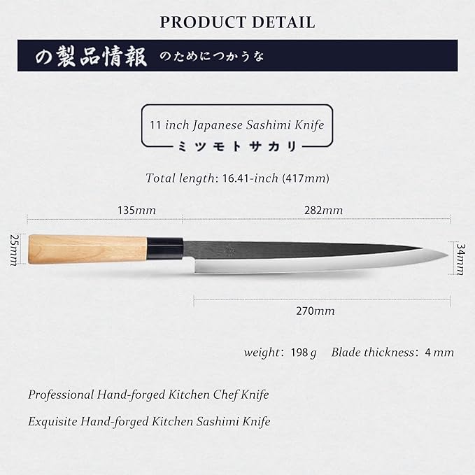 MITSUMOTO SAKARI 11 Inch Sashimi Knife, Single-Bevel Japanese Knife with Tungsten Alloy Steel, for Professional Sushi Cutting & Fish Filleting