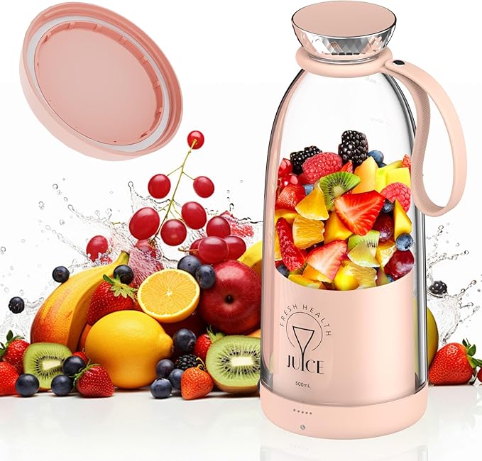 Asa Vea Mini Blender for Smoothies and Milkshakes, Portable Blender, Rechargeable, Personal Size Blender with Quota Outer Travel Lid with 4 Blades, 11 oz for Outdoors, Camping (Pink-550ml)