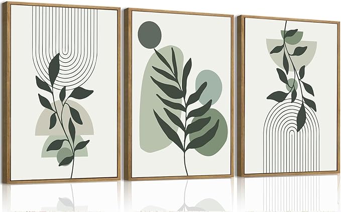 Bwodke Boho Wall Art, Framed Abstract Wall Art, Botanical Canvas Wall Decor, Mid Century Line Leaf Geometric Pictures Set of 3, Minimalist Paintings, for Bedroom Living Room Bathroom 12"x16"