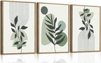 Bwodke Boho Wall Art, Framed Abstract Wall Art, Botanical Canvas Wall Decor, Mid Century Line Leaf Geometric Pictures Set of 3, Minimalist Paintings, for Bedroom Living Room Bathroom 12"x16"