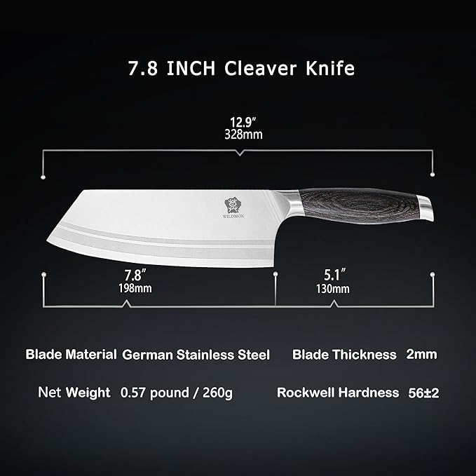 WILDMOK Meat Cleaver Knife 7.8 Inch, Ultra Sharp Chinese Chef's Knives - Kitchen Chopping Knife, German Steel & Ergonomic Handle for Meat Cutting Vegetable Slicing