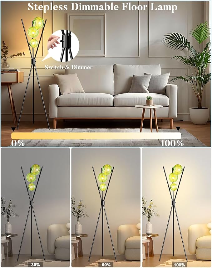 Lightdot 60IN Dimmable Black Tripod Floor Lamp, Mid Century Standing Lamps with 3 Globe Green Glass Lampshade, 3000K Bulbs Included Modern Tall Lamp for Living Room Bedroom