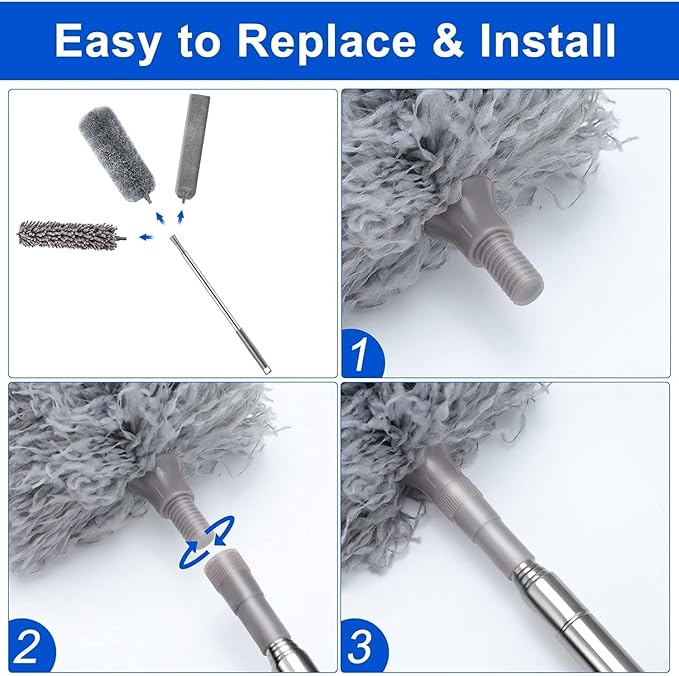 7 Pcs Microfiber Feather Duster with 100-inch Telescopic Extendable Pole, Washable and Reusable Cobweb Duster Kit, Dusters for Cleaning High Ceiling,Fan,Furniture,Blinds