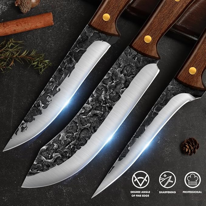 UniqueFire Chef Knife set 3 Pcs, Professional Kitchen Knives set, Sharp Butcher knife sets, Hand-forged High Carbon Steel Meat Cleaver knife, Ergonomic Wood Handle with Gift Box for Home & Restaurant