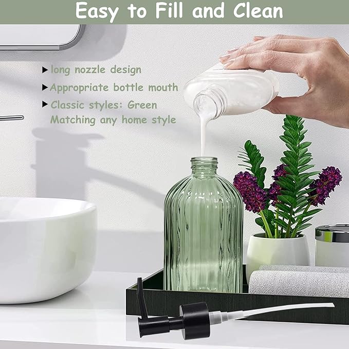 Green Glass Soap Dispenser with Black Plastic Pump, 13.5oz Refillable Liquid Hand Soap Dispenser, Lotion Dish Soap Dispenser for Modern Home Decor, Bathroom, Kitchen Countertop, Hotel