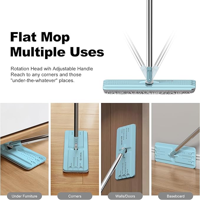 JOYMOOP Flat Mop, Microfiber Mops for Floor Cleaning and Wall Cleaner, 50" Mop with 13" Flat Head with a Microfiber Mop Pad - Pale Aqua