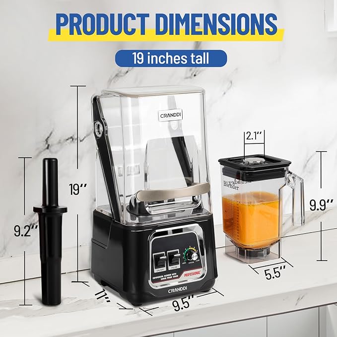 CRANDDI Professional Smoothie Blender, 2200W Commercial Soundproof Quiet blender with Removable Soundproof Shield for Crushing Ice, MilkShakes, Puree, Self-Cleaning, 50oz 110V K80 (Black)