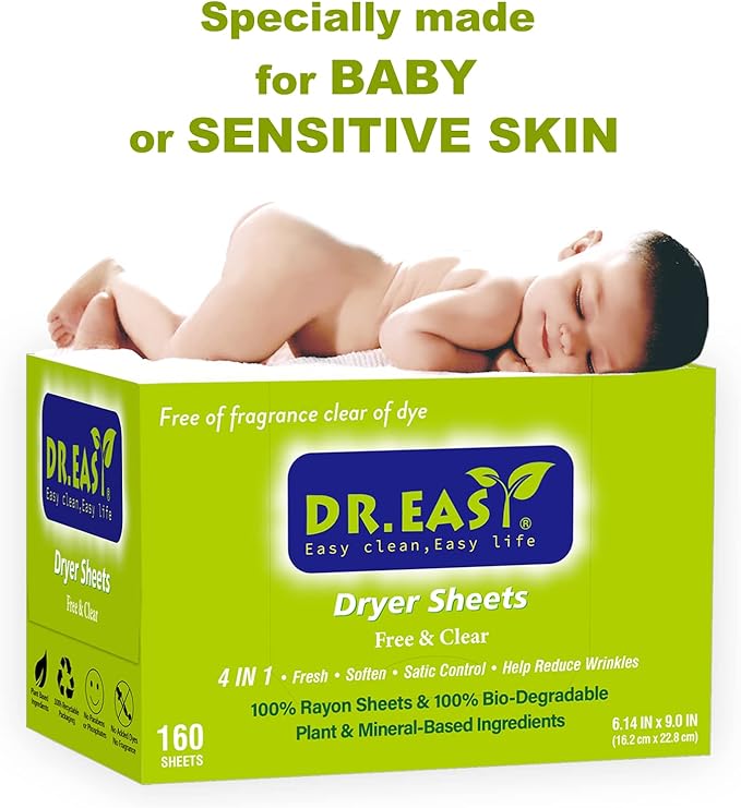 Dr.Easy Dryer Sheets Free & Clear Plant Based all ingredients for Sensitive Skin 160 Ct 100% Rayon Fabric Softener sheet unscented & no dyes Reduce Static & Wrinkles Soften Clothes Help Repel Pet Hair