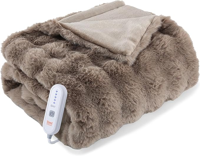 Heated Blanket Electric Throw- 50"x60" Soft Thick Bubble Electric Blanket for Sofa with 5 Heat Levels & 4 Hours Auto-Off Overheat Protection, Warm Cozy Gifts, Beige