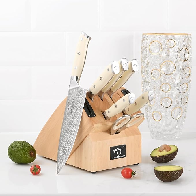 NANFANG BROTHERS Damascus Knife Sets, 10 Pieces for Kitchen with Block, Kitchen Knife Set with Block, ABS Ergonomic Handle for Chef Knife Set and Kitchen Shear
