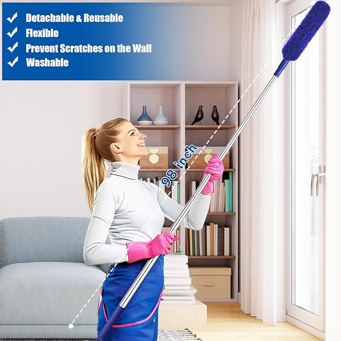 9PCS Dusters for Cleaning,Extendable Microfiber Duster with Extension Pole Up to 100'',Bendable Washable and Reusable Dusters Kit for Ceiling Fans, Blinds, High Ceilings, Furniture,Cars