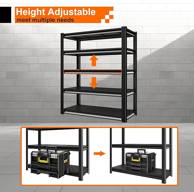 Garage Storage Shelves Heavy Duty, 48”W Shelving Units and Storage Rack, 2800LBS Loads Shelving Units, Adjustable 5-Tier Metal Shelves for Industrial Storage, 48”W×18”D×78”H,Black