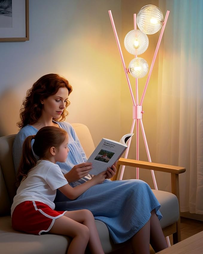 Lightdot Tripod Floor Lamp Dimmable Pink Standing Lamps with Globe Clear Glass Lampshade 3PCS 3000K G9 Bulbs Included Mid Century Modern Floor Lamp for Living Room/Bedroom