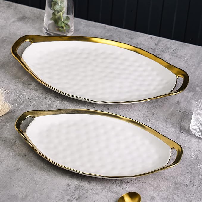 Stone Lain Florian Porcelain Large and Medium Oval Platters with Handle, Service Set, White with Gold Rim