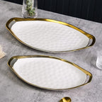 Stone Lain Florian Porcelain Large and Medium Oval Platters with Handle, Service Set, White with Gold Rim