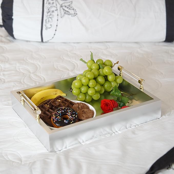 Rectangle Serving Tray with Handles - for Coffee Table, Breakfast, Dinner Kitchen Living Room Bedroom, Home Decor for All Occasions, Silver, Size M